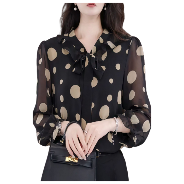 Merero 여성 브이넥 리본 리본 도트 쉬폰 블라우스 봄 여름 패션 고급스러움 얇은 루즈핏 빅사이즈 긴팔 자외선 차단 셔츠 중년 여성복 40대 50대