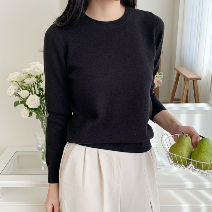 허블리 여성 부드러운 베이직 라운드넥 긴팔 니트티