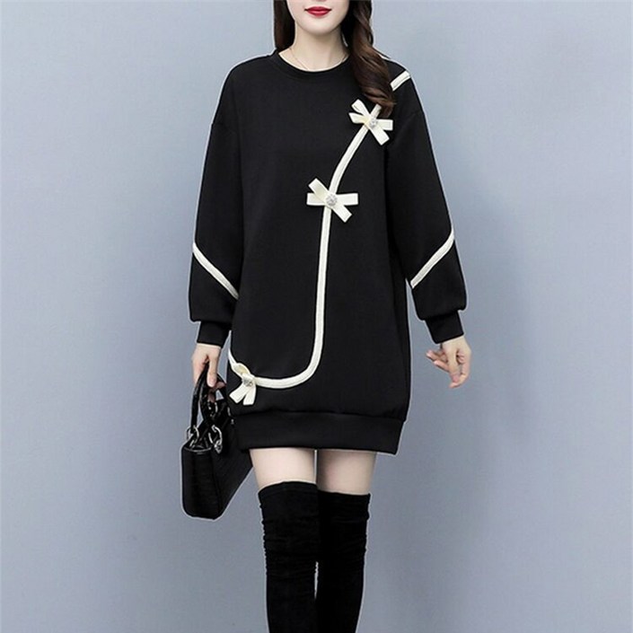 besteffie 여성용 가을 겨울신상 안감 기모 긴팔 원피스 캐주얼 레이스 장식 리본 디테일 미니원피스 귀여운 스타일 K18