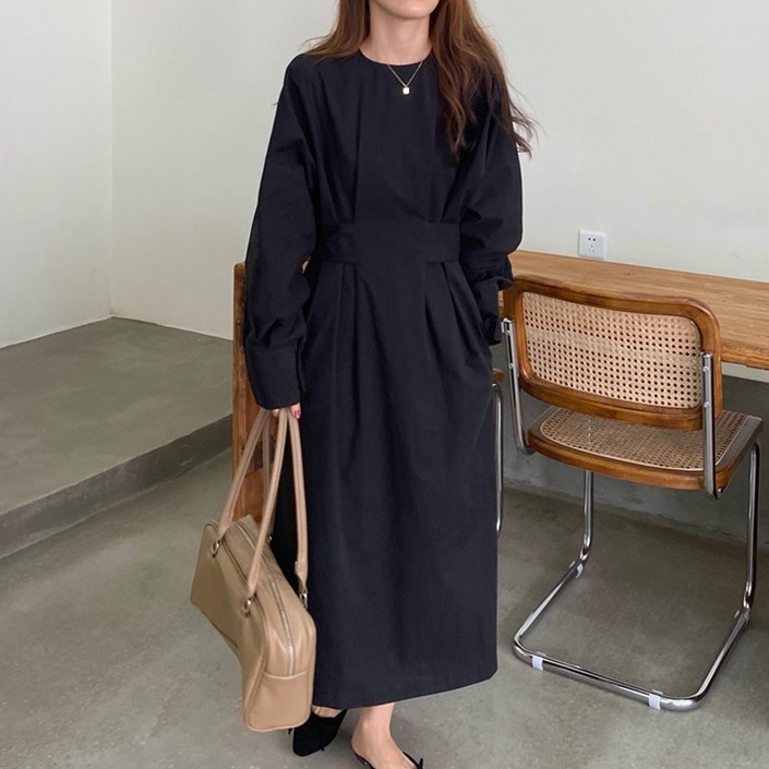 타니즈 롤코 오버핏 코튼 핀턱 롱원피스