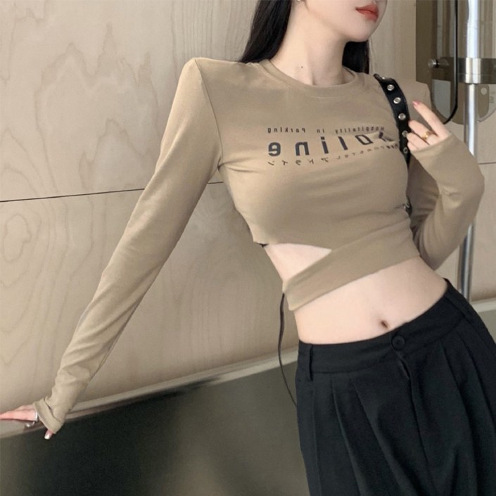 cammello 옆구리 트임 포인트 긴팔 크롭티 크롭 긴팔티