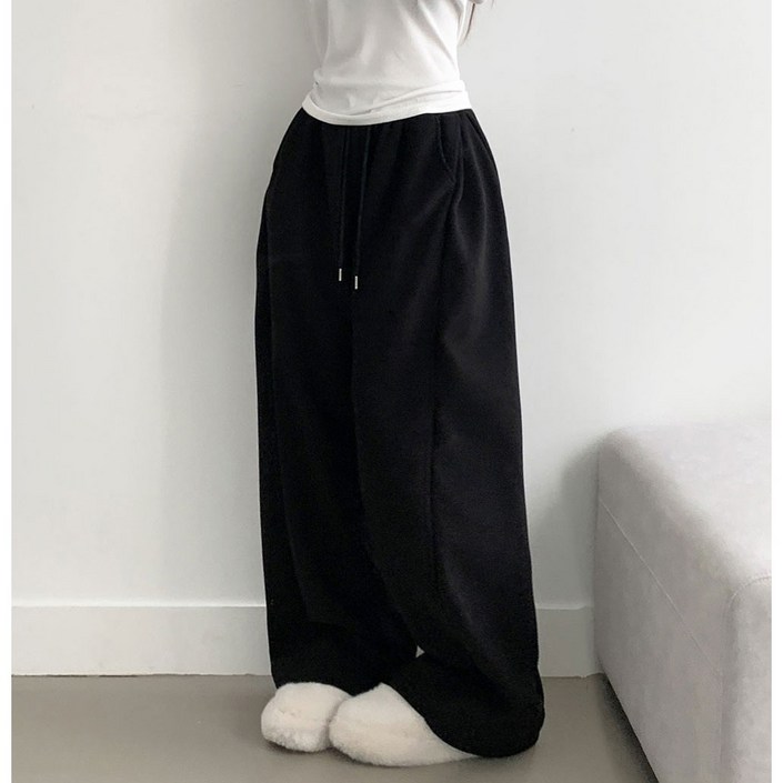 부기샵 융기모 퍼른 골덴 와이드핏 사이드 폴링 핀턱 롱 밴딩팬츠