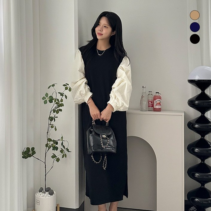 디테일웨어 여성 걸스 배색 라운드넥 긴팔 원피스 셔츠 원피스 빅사이즈 임부복 간절기 편한 A라인 롱원피스 데일리룩