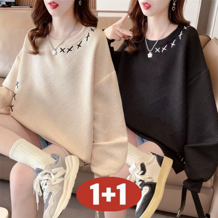 오스틱니 90kg까지 빅사이즈 11 여성 봄가을 라운드넥 자수 심플한 날염 외출용 겨울 긴팔 맨투맨