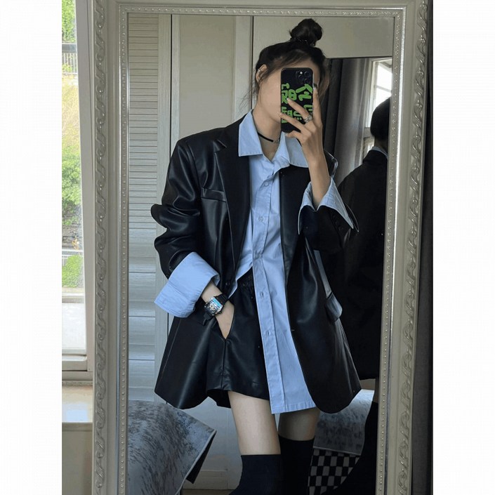 COSYEVNO 여성가죽자켓 가을 라운드 PU패션 캐주얼 빈티지 오버핏 미디 긴팔 버튼 상의 CXJpy-05