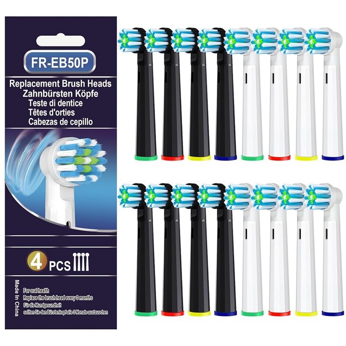 브라운 오랄비 프로 1000용 교체용 칫솔모, Genius X, Smart 1500, Pro 5000과 호환되는 칫솔모 리필용 칫솔모, 16개, WhiteBlack, EB50