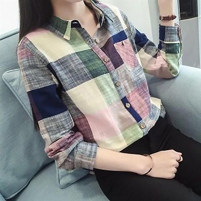 면마 체크 셔츠 루즈핏 긴팔 카라넥 얇은 와이셔츠 봄여름 블라우스 긴팔티 남방 면마 체크 셔츠 루즈핏 긴팔 카라넥 얇은 와이셔츠 봄여름 블라우스 긴팔티 남방