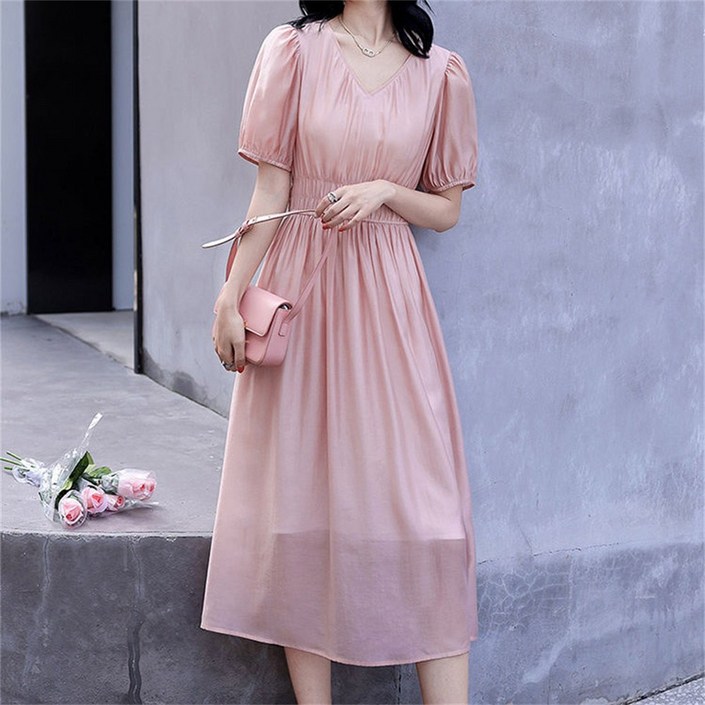besteffie 여성 여름 원피스 브이넥 하이웨이스트 허리 밴딩 슬림핏 드레스 무지 베이직 플레어 원피스 K92