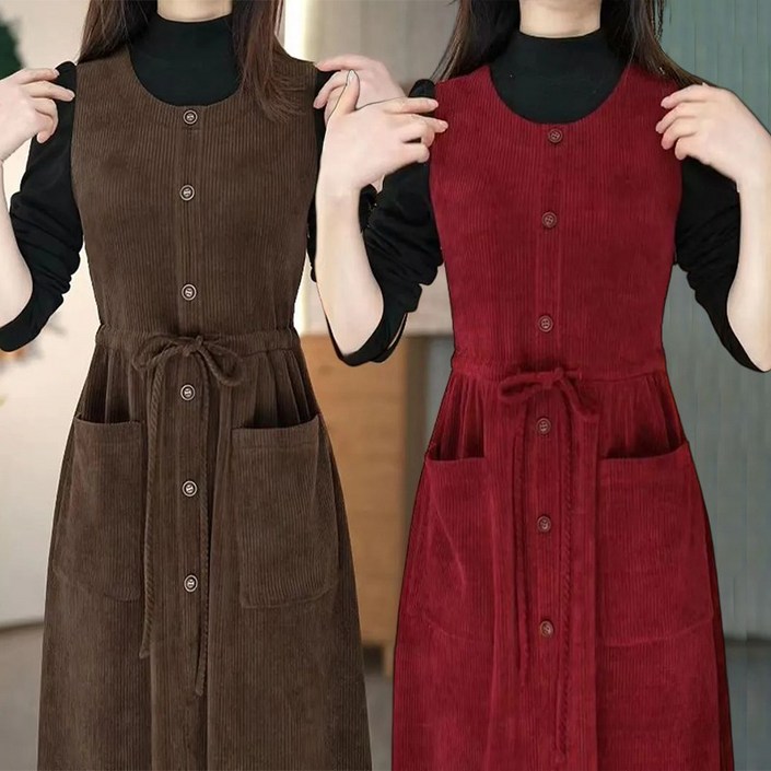 간절기 민소매 날씬해 민소매 원피스 부드럽고 패션 시크 허리 스트링 멜빵원피스