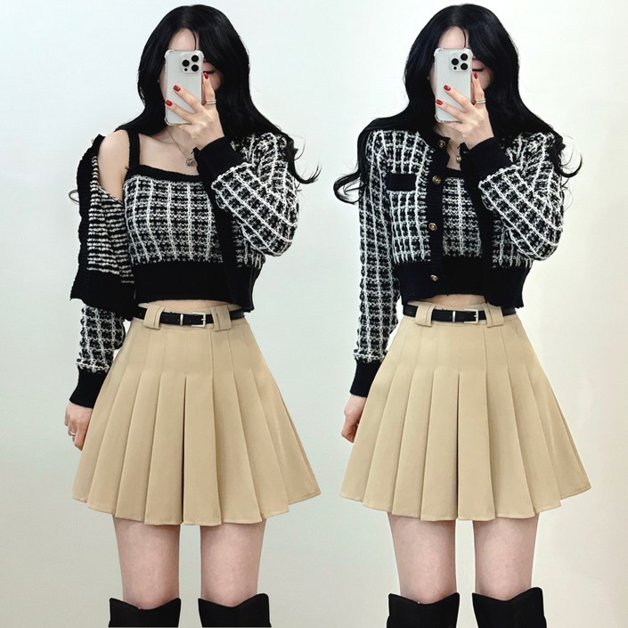 제이앤썸 트위드 니트 가디건 크롭 스퀘어넥 슬리브리스 나시 투피스 세트 셋업