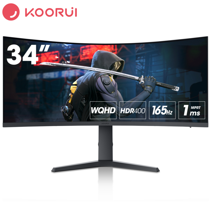 KOORUI 86.4cm 1000R 커브드 게이밍 모니터 2K WQHDHDR165HzMPRT 1ms 상하좌우조절틸트가능벽걸이지원,34E6UC블랙