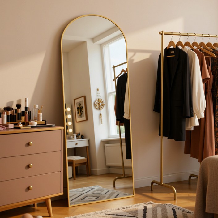 안토크 벽걸이 전신거울 3in1 아치형 전신경 원룸 가정용 지지대 거치형 스탠드 1450*450, 골드