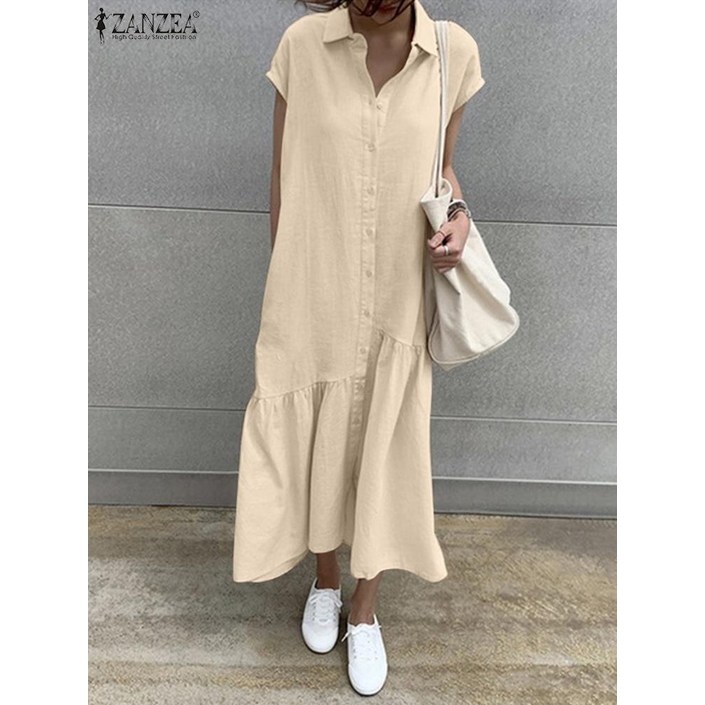 ZANZEA 여성용 셔츠 드레스 우아한 버튼 다운 캐주얼 라펠 넥 반팔 선드레스 로브 파티 드레스 여름 패션