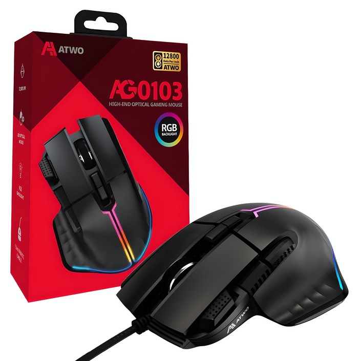 에이투 고감도 LED 유선 USB 게이밍 마우스, AG0103, 블랙
