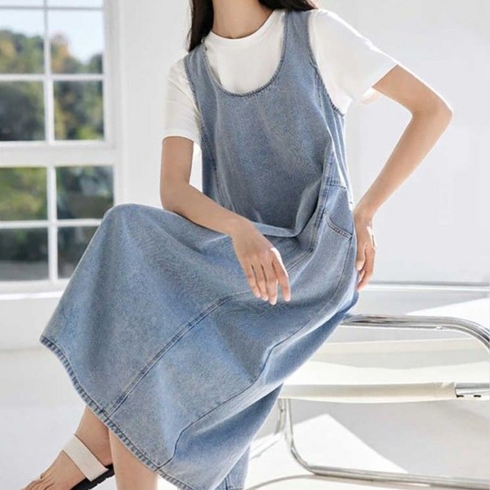 지고다그 여성 봄 가을 간절기 데님 민소매 멜빵 롱 원피스 캐주얼 여유핏 원피스 GJX2815