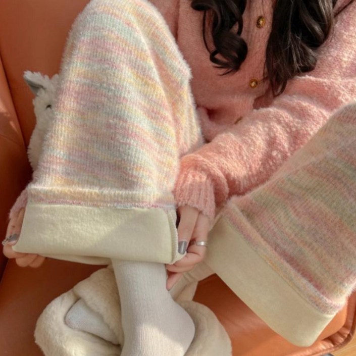 에스앤와이 여성 무지개 일자핏 보들보들 와이드 니트 스판 밴딩 팬츠