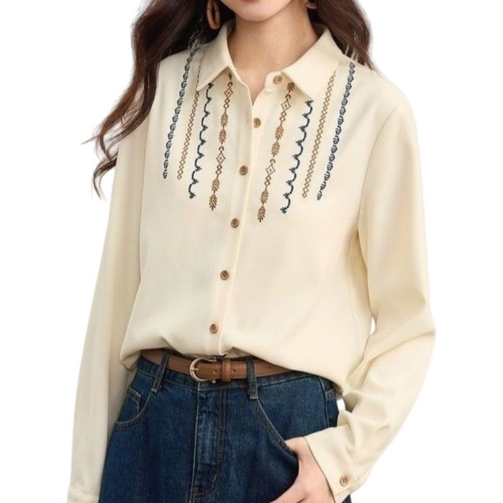 Makone 여성 카라넥 자수 캐주얼 심플 셔츠 트랜드 데일리 블라우스