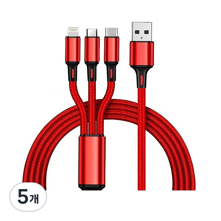 3in1 멀티 인터페이스 고속 충전 케이블 나일론 브레이딩 데이터 케이블, 5개, 붉은색Red, 1.2m