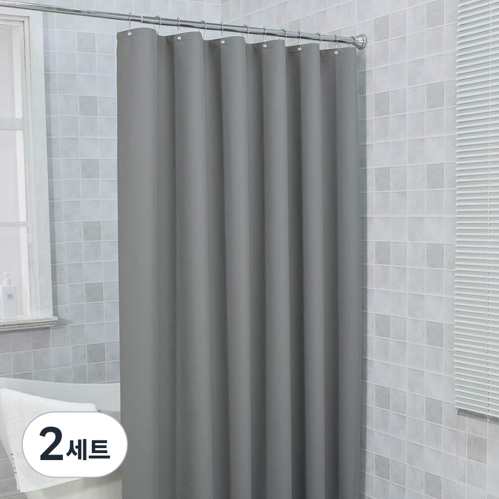 3S리빙 방수 샤워커튼 무지그레이 + 크롬커튼고리+ 커튼봉 세트, 2세트, gray