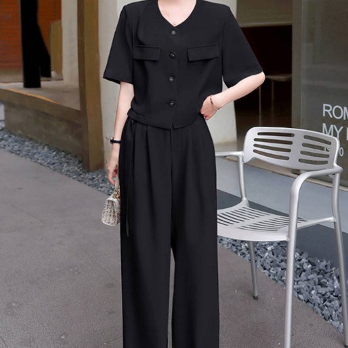 아뗄릭 라운드 재킷 와이드 팬츠 여름 투피스 세트 02273