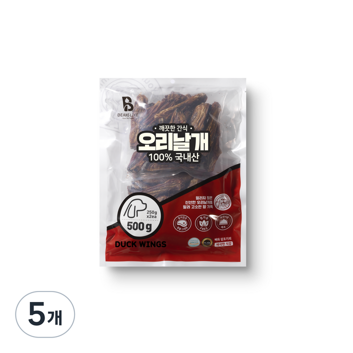 빈즈라이크 오리날개 강아지 간식, 오리날개맛, 500ml, 500g, 5개