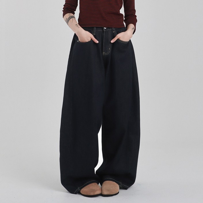 수비진 여성용 롱/숏 기장 생지 사이드핀턱 와이드 청바지