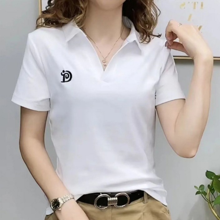 구디프 여성용 브이넥 카라 자수 반팔 티셔츠 구디프 여성용 브이넥 카라 자수 반팔 티셔츠