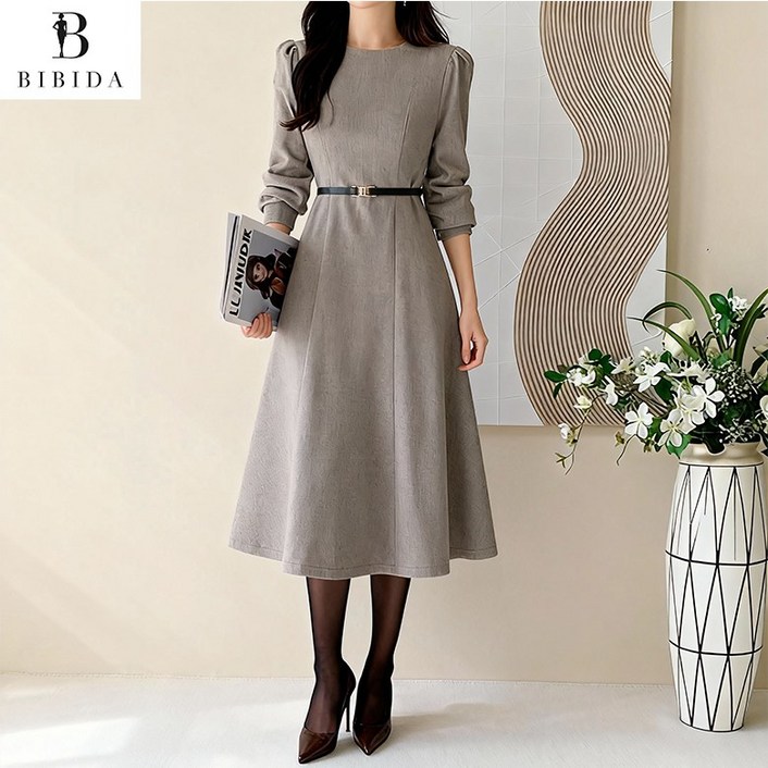 비비디아 여성용 퍼프소매 허리 벨트 헤링본 플레어 롱원피스 하객룩 데일리룩5583