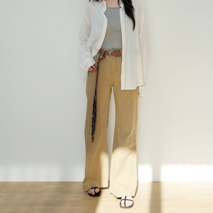 디바이브 여성 와이드 코튼 트윌 데일리 캐주얼 하이웨이스트 벨트 넥타이 포함 팬츠