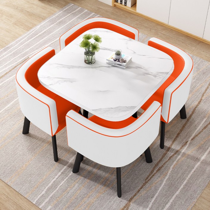 MEETON 감성 인테리어 4인용 티 테이블 세트 원목 의자포함 식탁 원형 카페 둥근모서리, 4인용, 사각마블화이트체어화이트오렌지