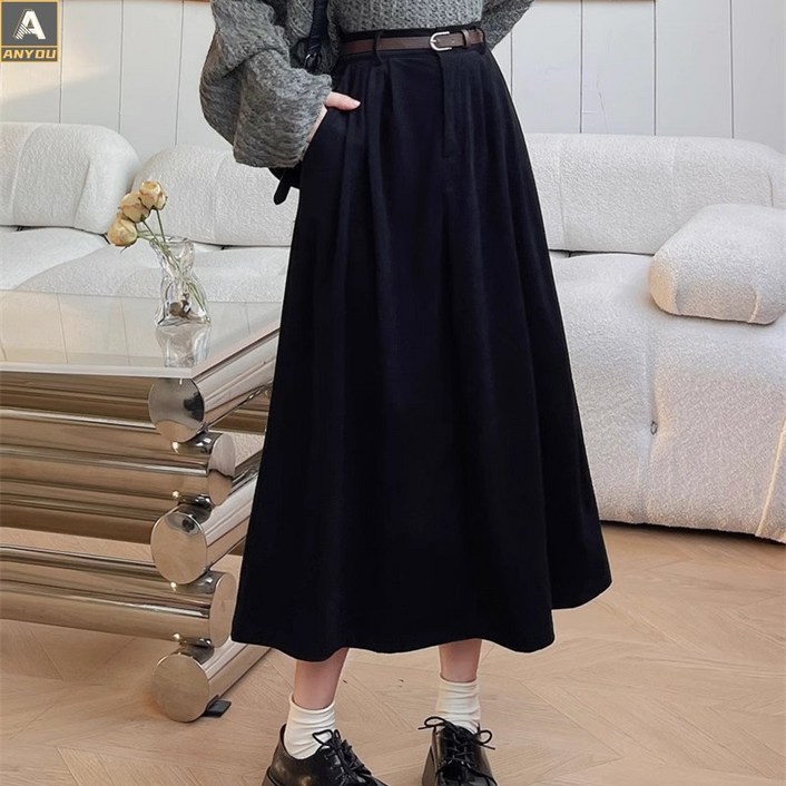 ANYOU 모직 스커트 코듀로이 스커트 가을 겨울 치마 롱 스커트  데일리베이직 스커트