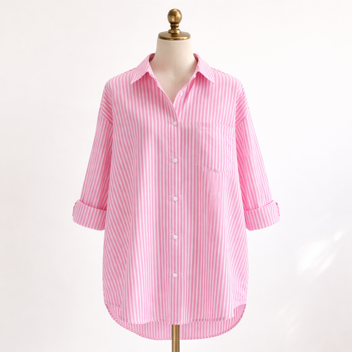 여성용봄 가을 오버핏세로스트라이프긴팔 셔츠루즈핏롱남방