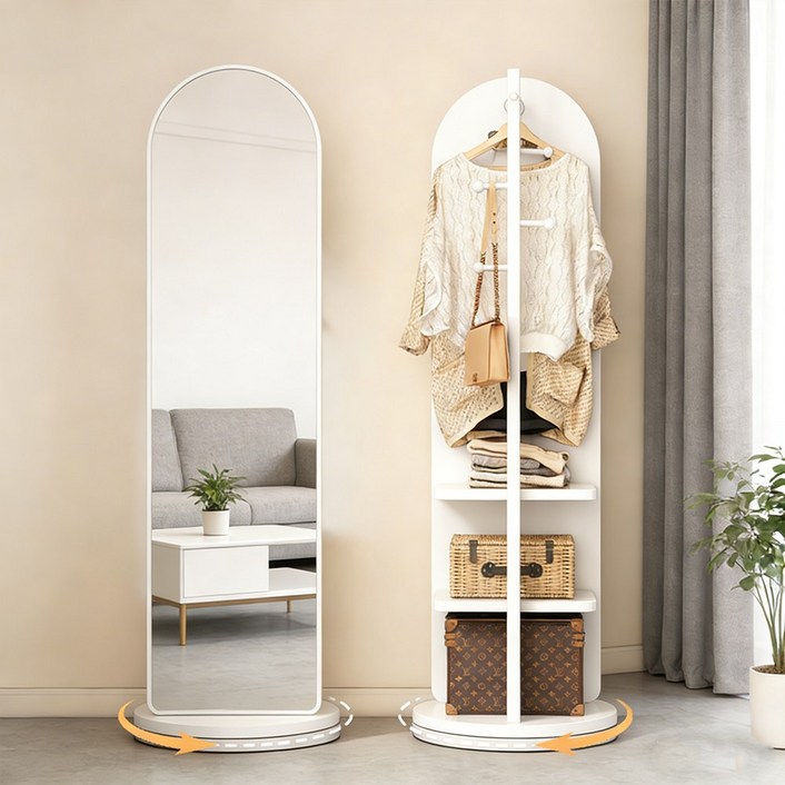 SOPUM HOUSE 다용도 회전식 옷걸이행거 전신거울 수납선반 스탠드행거, 화이트
