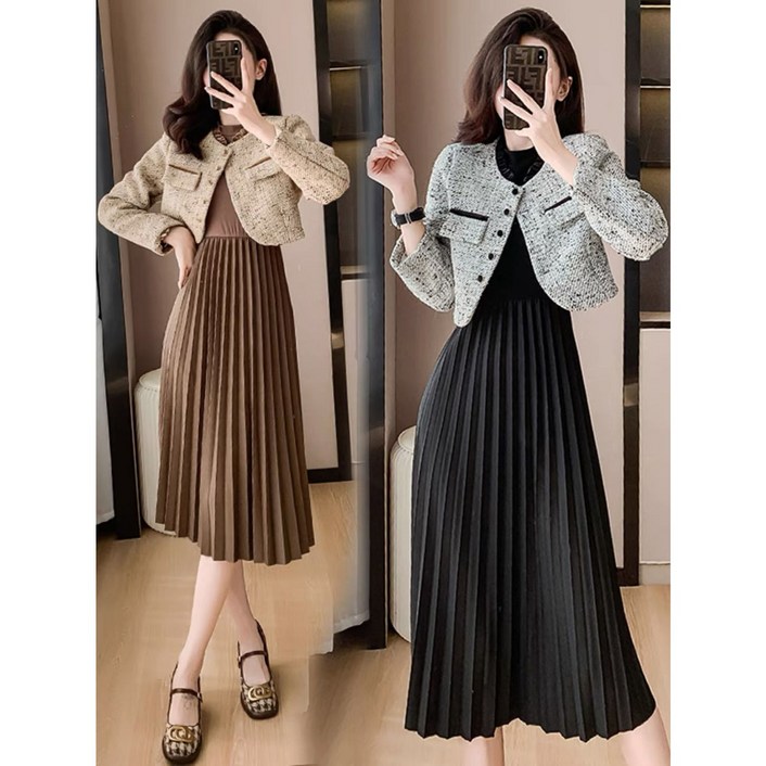 세트원피스 여 추동 신상 아우터+주름 원피스 2종 세트