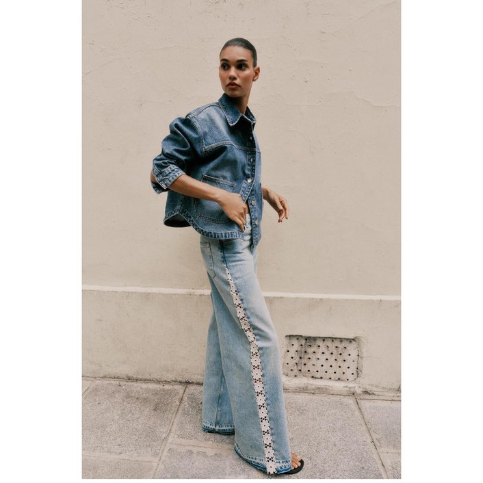 ZARA 자라 크로셰 트림 와이드 레그 하이웨이스트 진 1889153 1889153