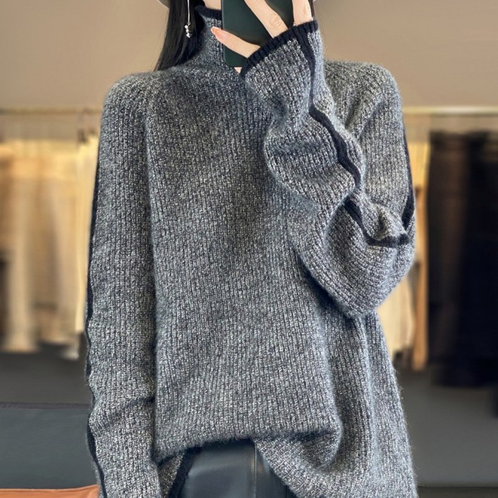 스타일아유 양모100 여성 가을겨울 패션 기본 캐주얼 두껍고 따뜻한 편안한 트위스트 하이넥 배색니트 KN2217