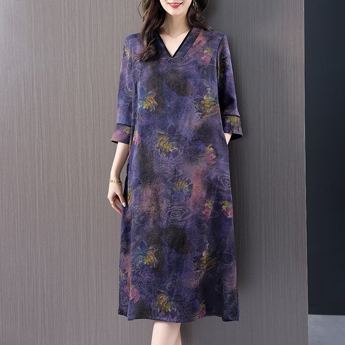 해피유통여성 캐주얼 7부 소매 V넥 프린트 원피스 가을겨울 루즈핏 XG21