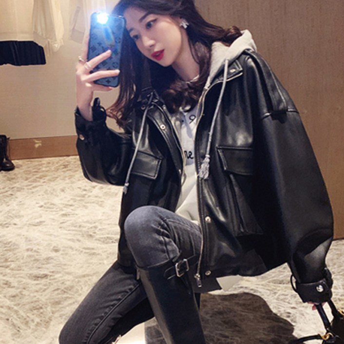 <청담코코>간절기의 최애템 부드러운 고급원단 오버핏 여성 후드 라이더자켓