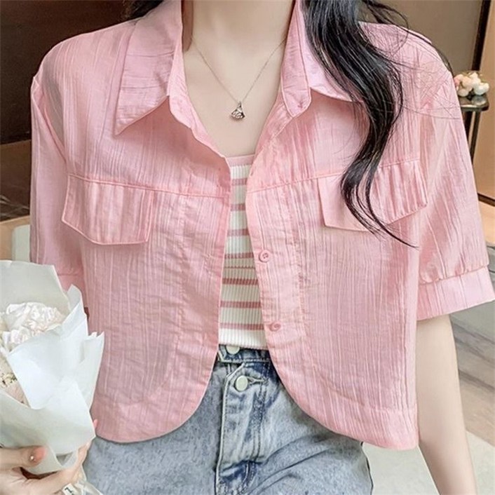 여성 여름 반팔 크롭 자켓 가벼운 숏 아우터 시원한 레이어드룩 오피스룩 캐주얼 블라우스 셔츠