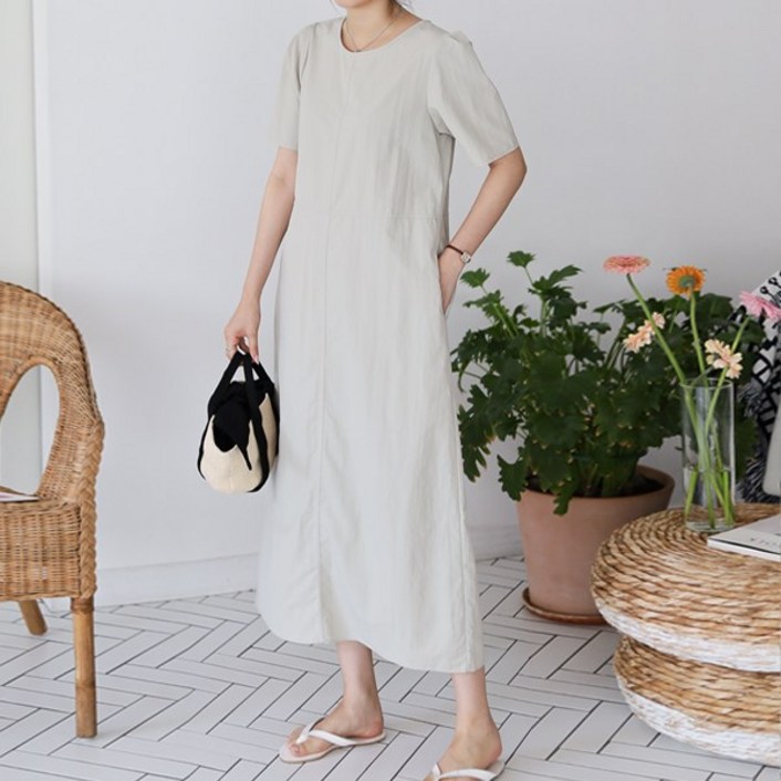 봉봉스토리 모데르노 스티치 나일론 여성 롱 원피스 여름 바스락