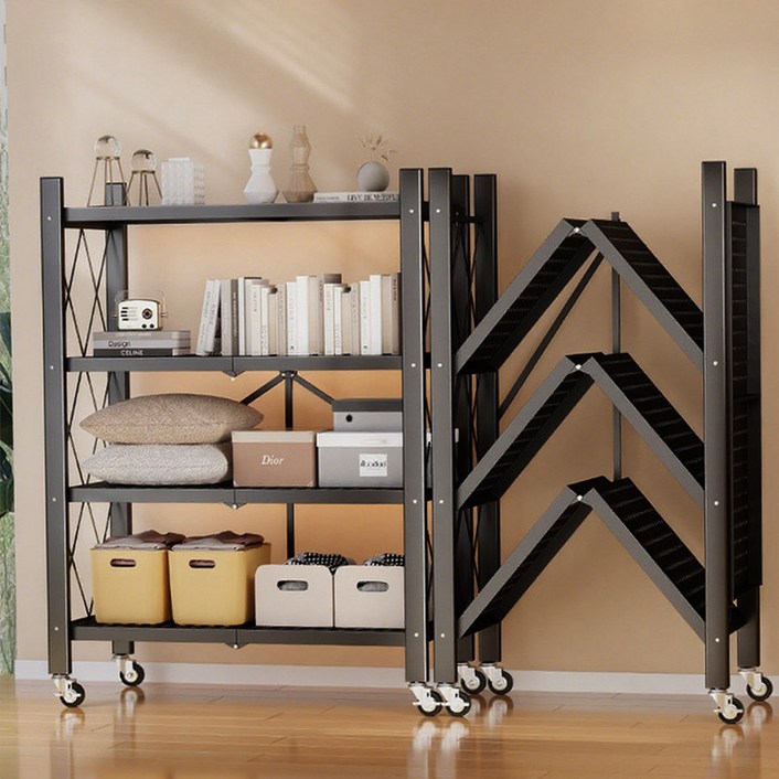 Tiger Pavilion 원터치 접이식 이동가능 철제 스탠드 선반, 4단, 블랙