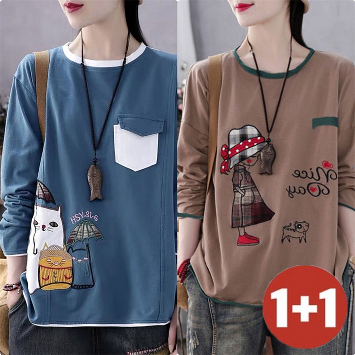 TKX 11 여성 순면 긴팔 티셔츠 봄 가을 캐주얼 만화 프린트 포켓 디테일 K37