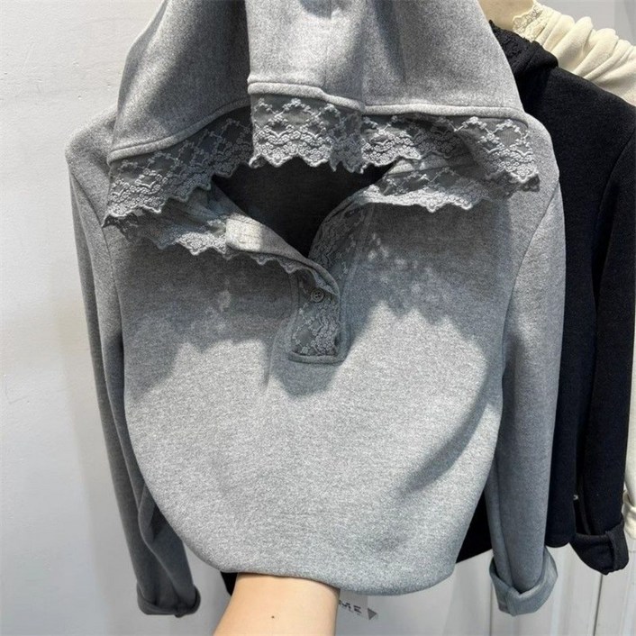 Vezri 여성용 봄 레이스 후드 긴팔 티셔츠 부드러운 맨투맨 패션 스타일 상의 SKZ111
