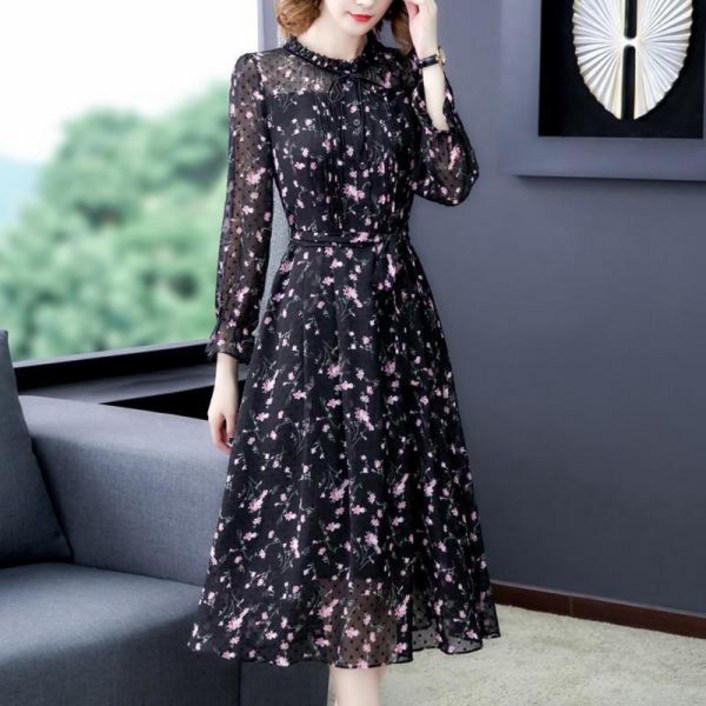 MOSAIRATION중년여성 가을 쉬폰원피스 롱 쉬폰 원피스 엄마옷 긴팔 원피스