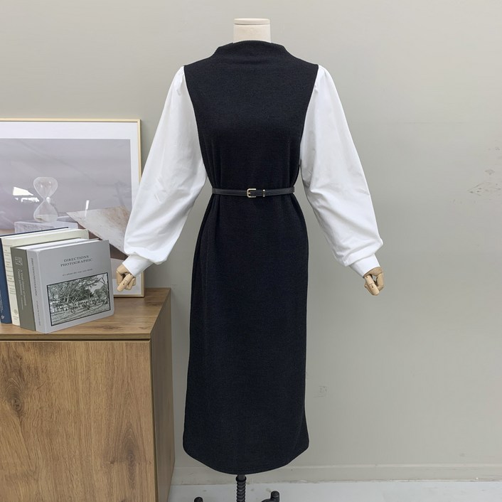 [행복여] 미스티 하프넥 벨트 세트 셔츠 배색 원피스