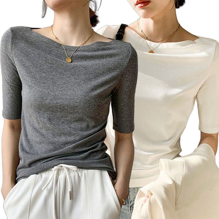 JUSTFEELING 모달티 5부소매 이너티 입술넥 소프트 무지티 기본티 체형커버 쫄티 여성의류