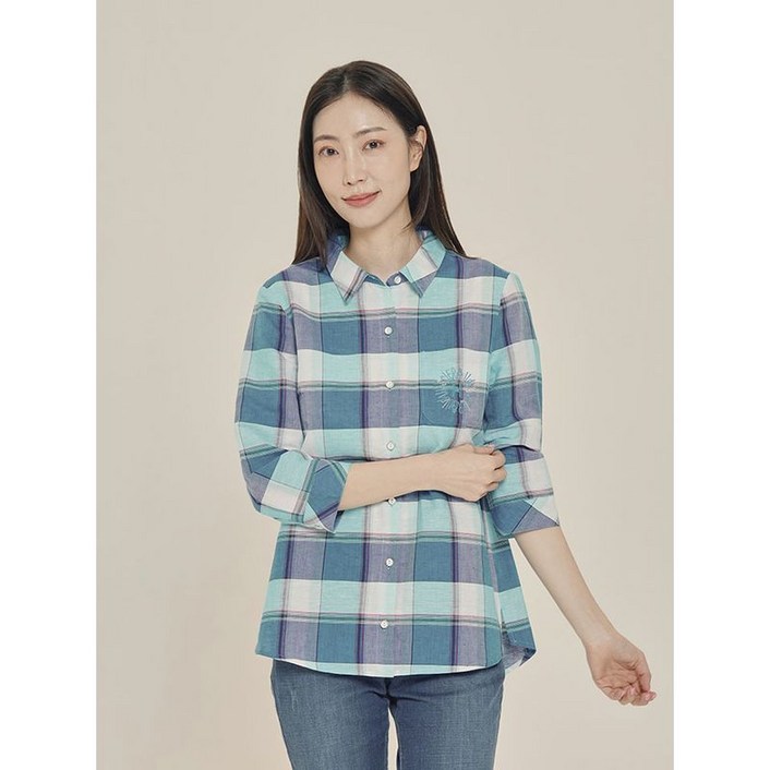 올리비아하슬러 블루 베이직체크 마 셔츠 블라우스 OHCMBL208