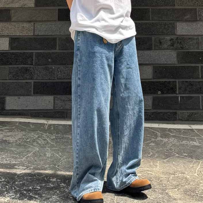 쿠마르 남성용 와이드 베이직 워싱 데님 팬츠