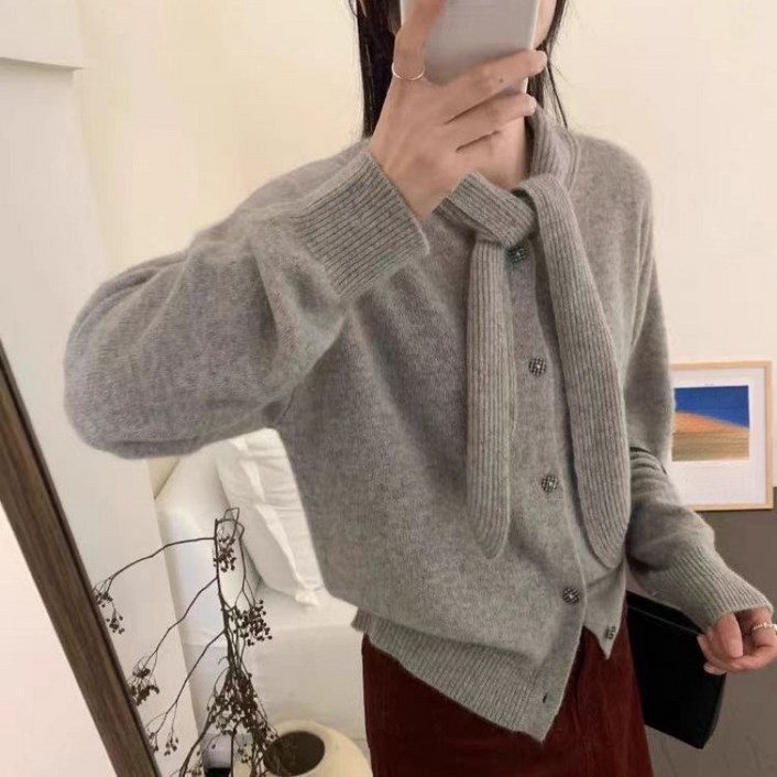 해피유통 여성 가을겨울 리본 가디건 회색 니트 아우터 lyl