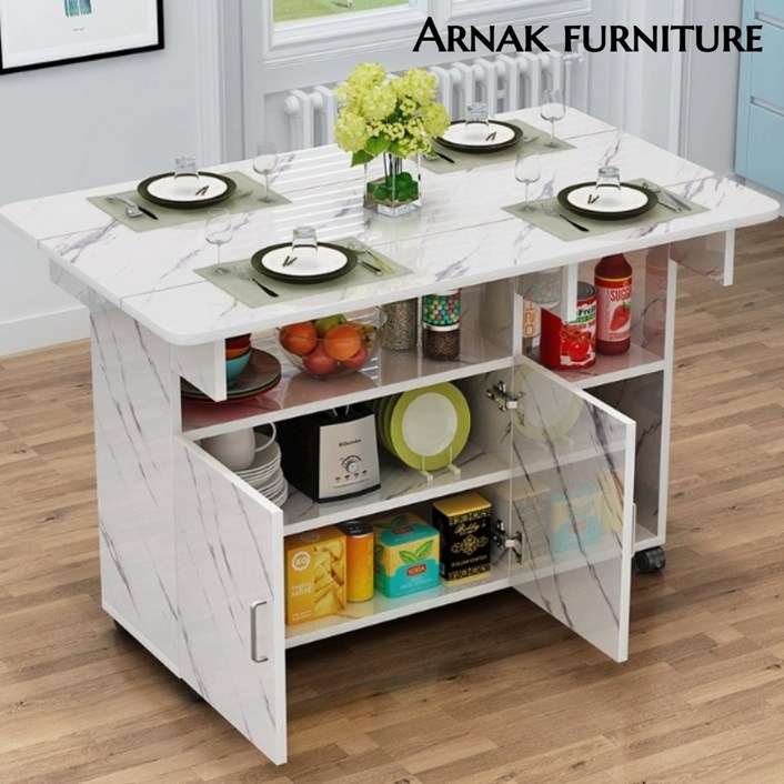 아르나크 다용도 아일랜드 식탁 접이식 홈바 4인용 테이블 조리대 주방 수납장, 화이트마블 패턴
